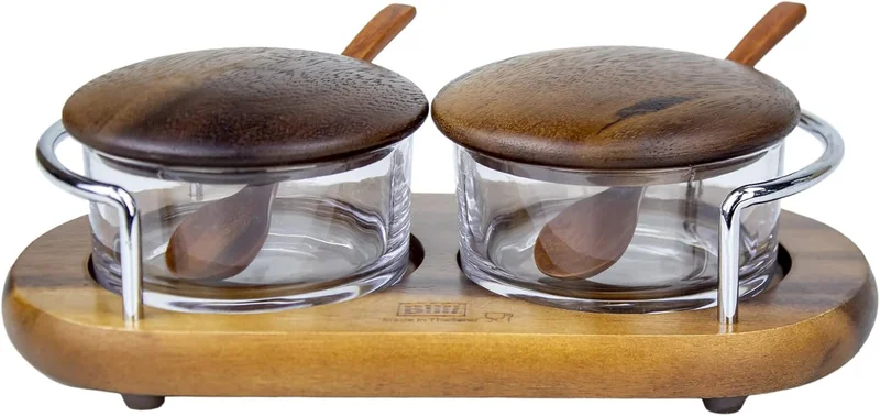 بيلي برطمانات توابل زجاجية مع غطاء وملعقة وقاعدة خشبية ومقبض كروم